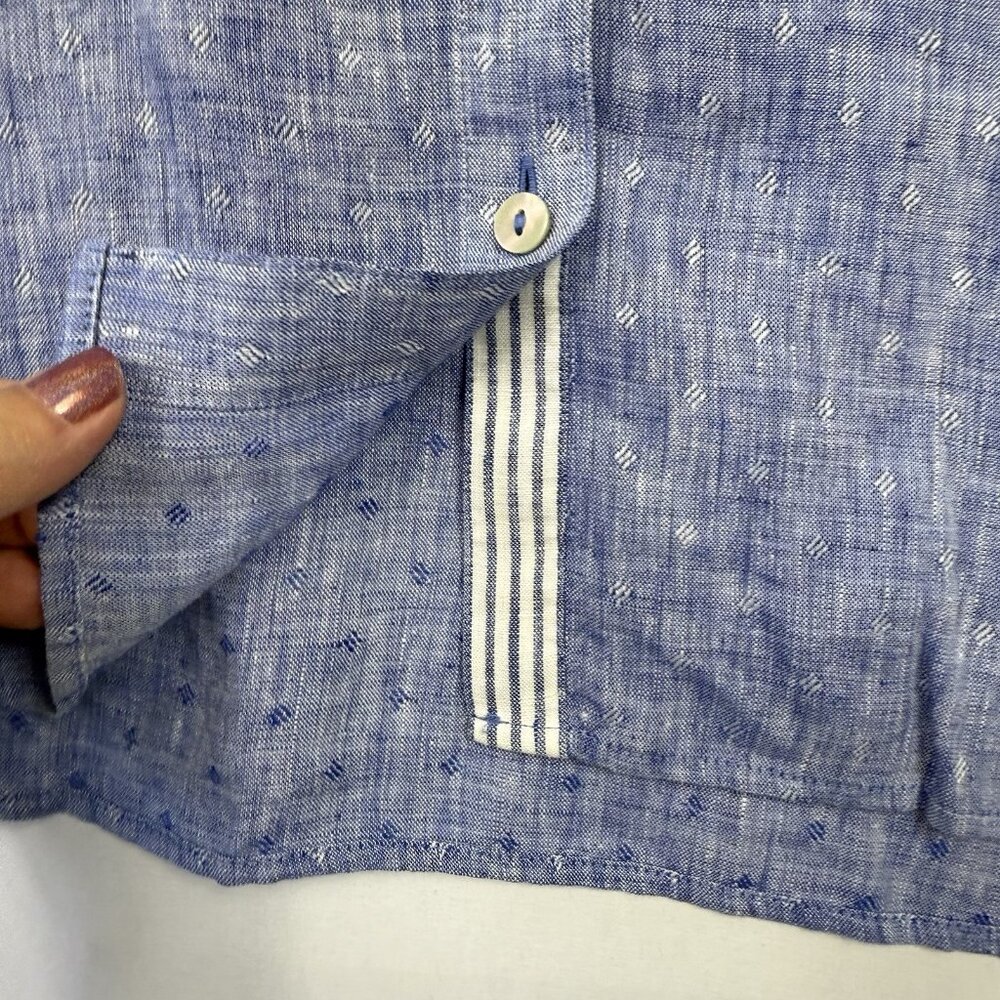Chicos Chambray Linen Top 3 XL16/18 Blue Button Up Pocket 3/4 Sleeve Non-iron - Picture 5 of 7